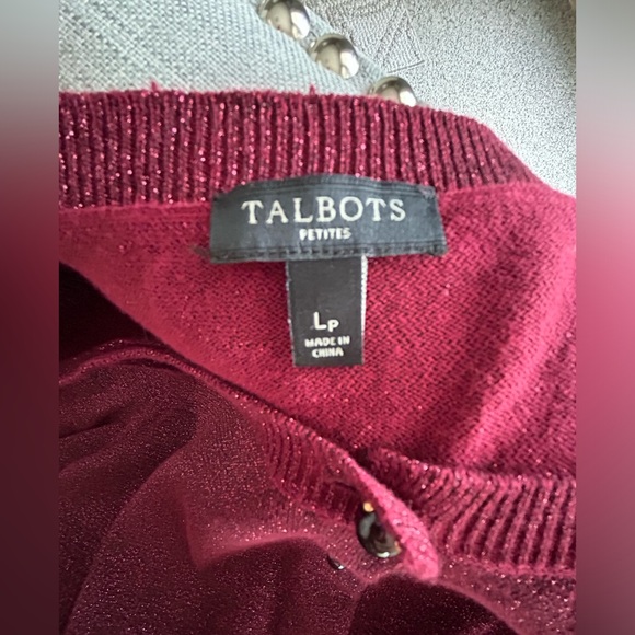 Talbots Cranberry Maroon Red Shimmer Metallic Cardigan Sweater Size Petite Large - Picture 7 of 12